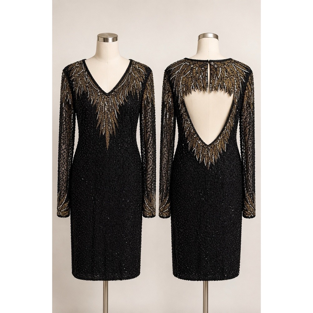 Vintage Casual Corner 100% Silk Beaded Sequin Dress Black Gold Open Back Sz 12